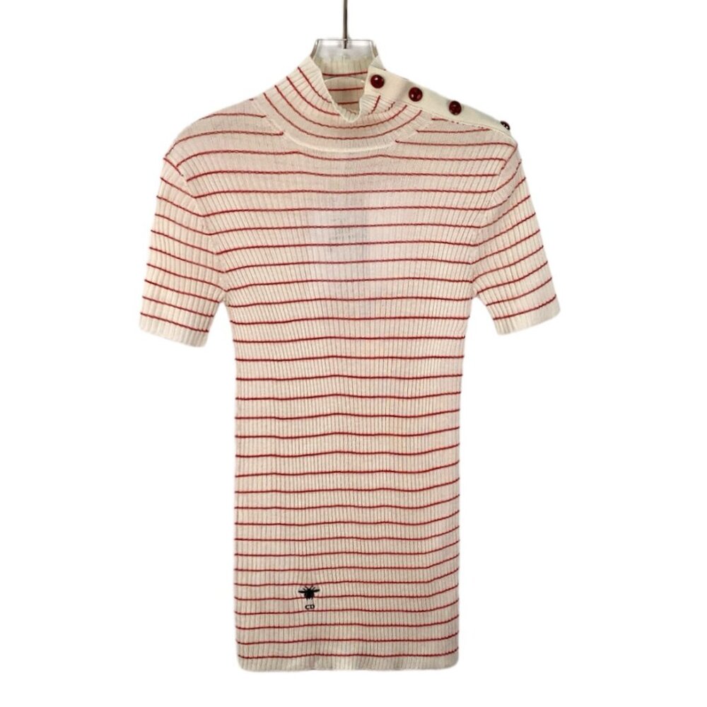 Dior Color-block striped bee embroidery cashmere short-sleeve knit top